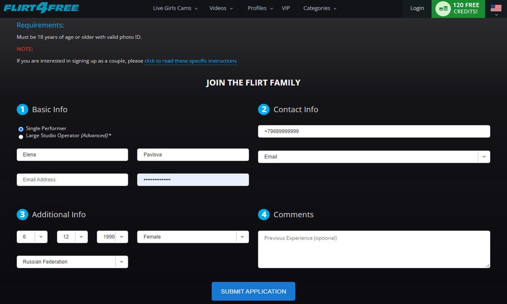Регистрация модели на Flirt4Free