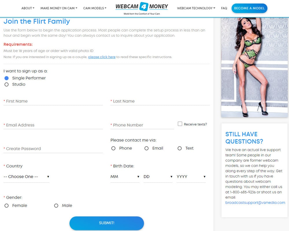 Регистрация модели на Flirt4Free