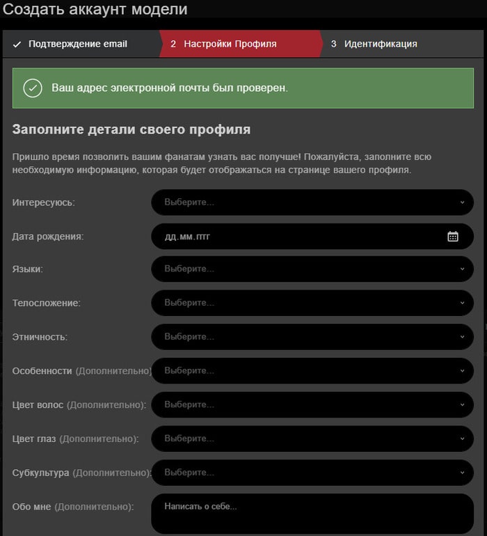 Откроется личный кабинет с информацией о модели. Заполните все поля на английском языке.